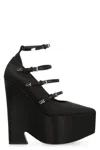 VERSACE SLEEK AND ELEGANT BLACK SATIN PLATFORM PUMPS FOR WOMEN