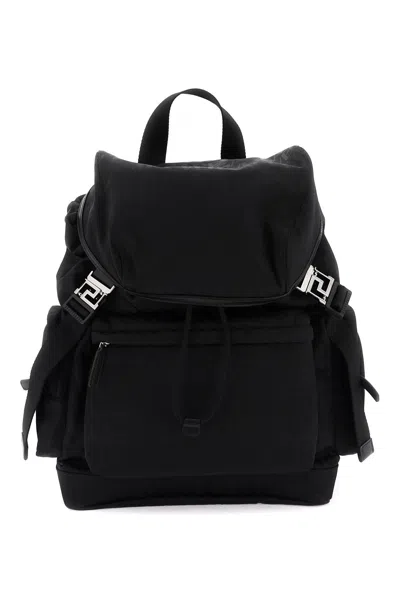Versace Sleek And Sophisticated All-over Nylon Backpack For Men In Black