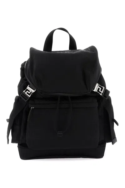 Versace All-over Logo Jacquard Backpack In Black