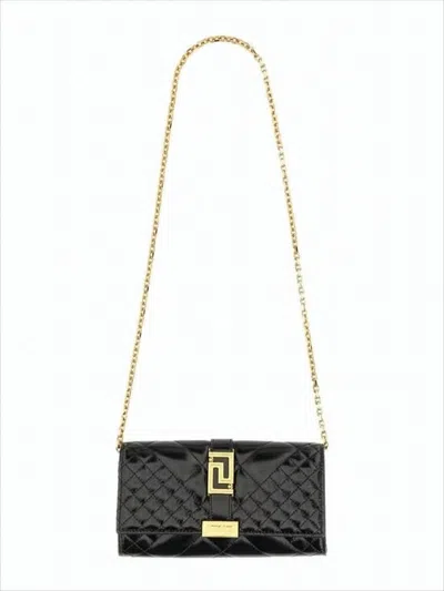 Versace Sleek Quilted Calf Leather Clutch With Geometric Clasp In White