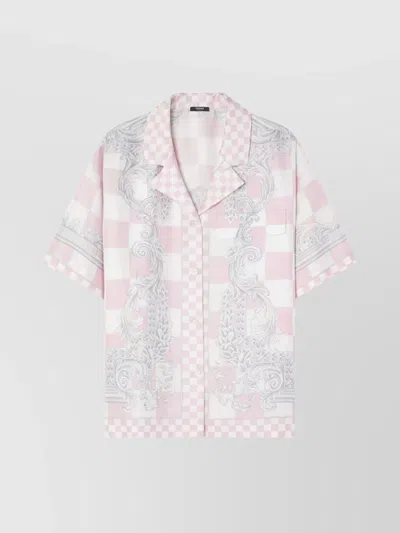 Versace Sleeved Checkered Camp Collar Top In Pink