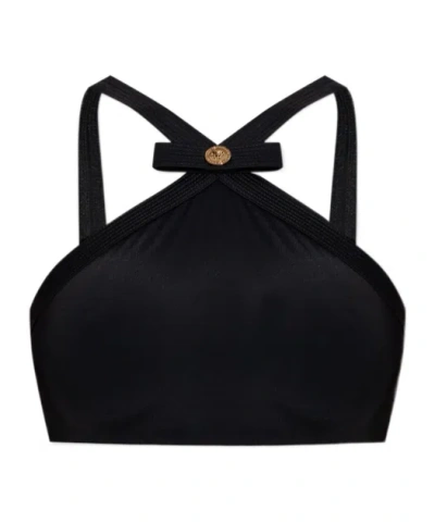 Versace Black Bikini Top With Bow And Gold Logo Plaque