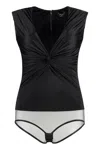 Versace V-neck Bodysuit With Sheer Panel And Knot Detail In Black