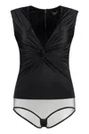 Versace V-neck Bodysuit With Sheer Panel And Knot Detail In Black