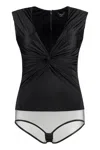 Versace V-neck Bodysuit With Sheer Panel And Knot Detail In Black