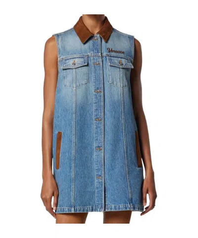 Versace Women Blue Sleeveless Buttoned Mini Dress, M Luxury Dresses For Women Darveys