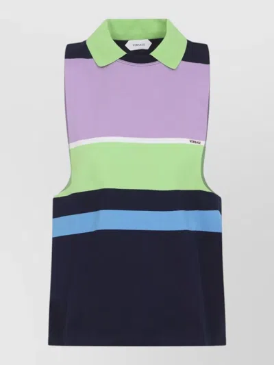 Versace Sleeveless Embroidered Striped Cotton T-shirt In Multi