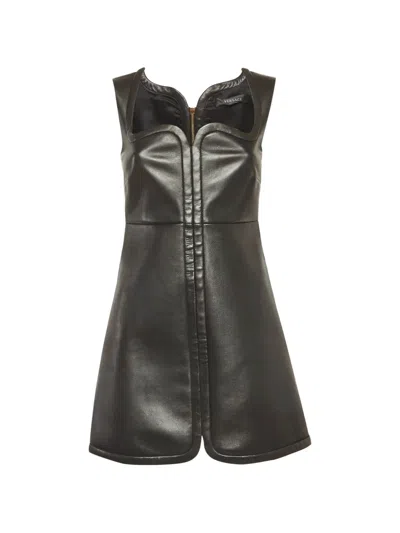Pre-owned Versace Sleeveless Leather Mini Dress In Black