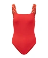 Versace Square-neck Greca-strap One-piece Swimsuit In Red