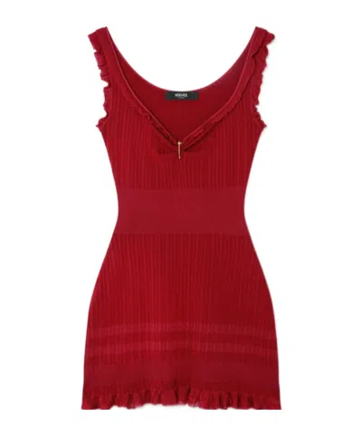 Versace Ruffled Ribbed Dress In Red