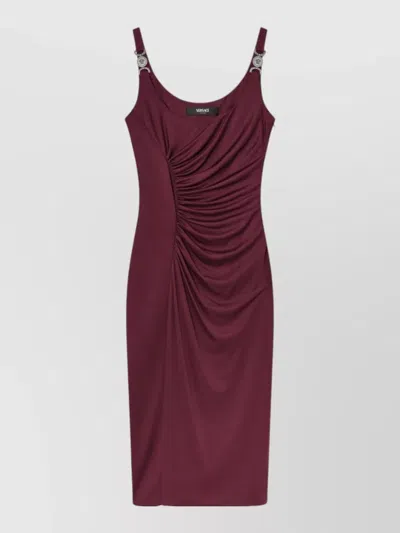 Versace Ruched Midi Dress With Silver Medallion Accents In Burgundy