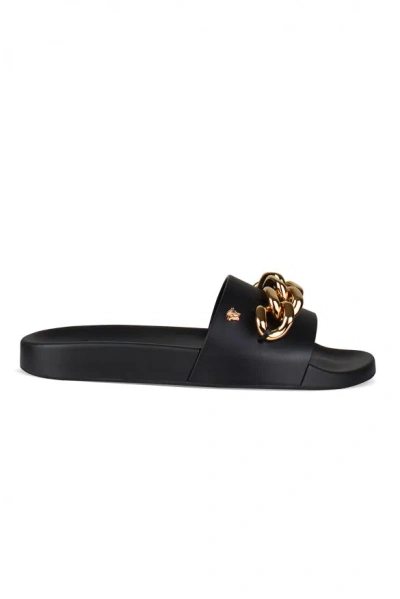 Versace Black Leather Slides With Gold-tone Chain