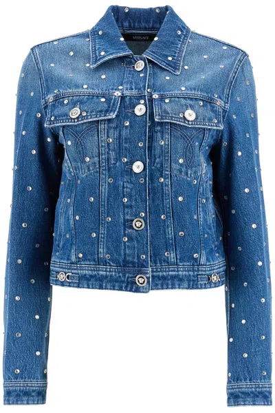 Versace Slim Fit Distressed Denim Jacket With Crystal Embellishments In Blue