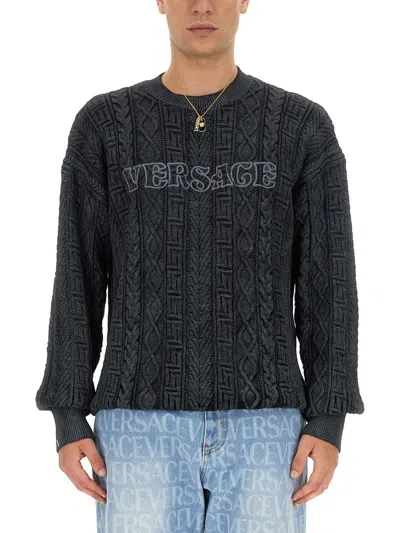 Versace Slim Fit Knit With Greek Braid Work In Grey