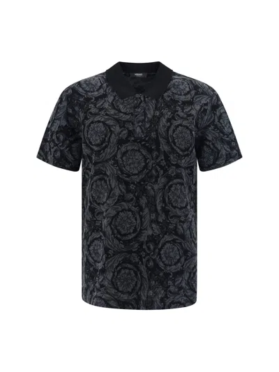 Versace Barocco Print Polo T-shirt In Grey