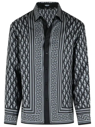 Versace Slim Shirt In Black And Gray Printed Silk Twill