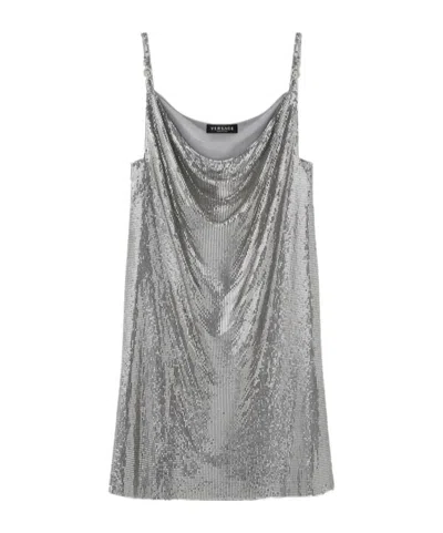 Versace Metallic Short Dress With Draped Neck In Grey
