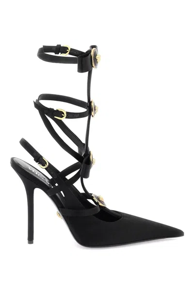 Versace Gianni Ribbon 缎面笼形高跟鞋 In Black