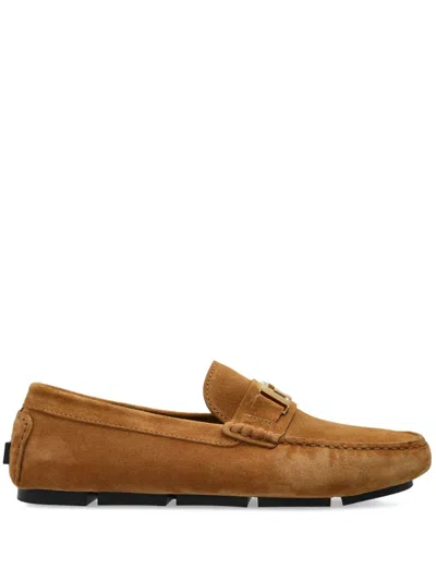 Versace Slip-on Sand Beige Suede Flat Shoes In Brown