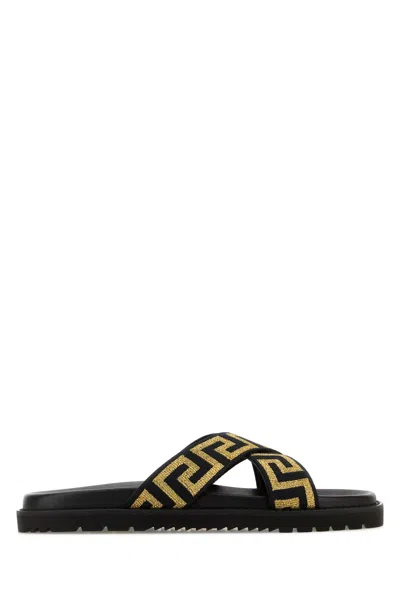 Versace Embroidered Fabric Slippers In Multi
