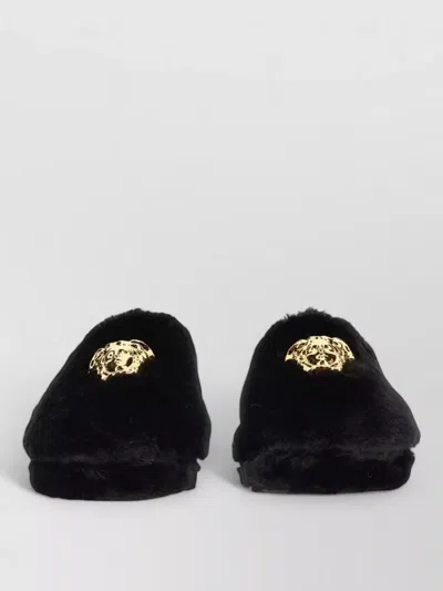Versace Slippers Jellyfish Faux Fur Gold Detail In Black