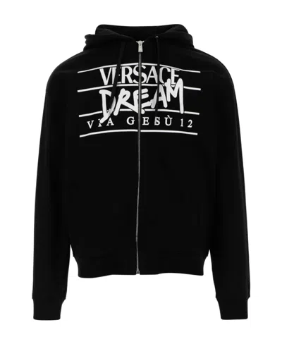 Versace Slogan Logo-print Zip-front Hoodie In Black