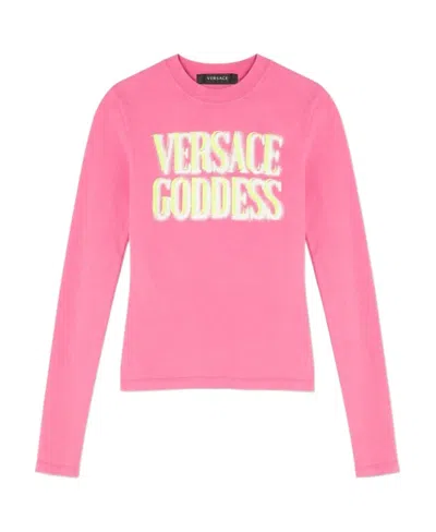 Versace Slogan-print Long-sleeve T-shirt In Pink