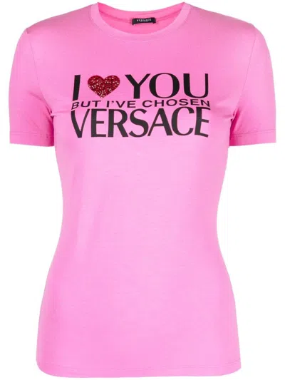 Versace Slogan-print T-shirt In Rosa
