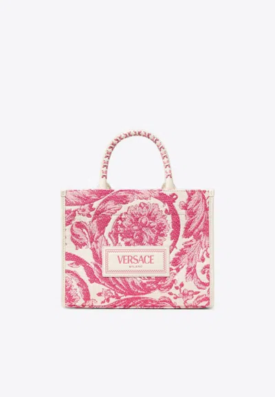 Versace Small Athena Barocco Raffia Tote Bag In Pink