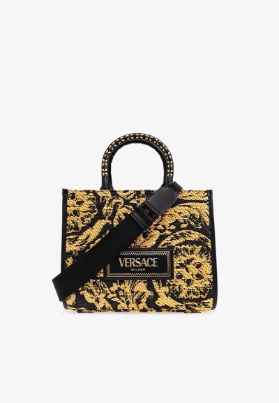 Versace Small Barocco Athena Raffia Tote Bag In Black
