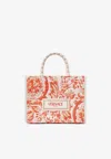 Versace Small Barocco Athena Raffia Tote Bag In Coral