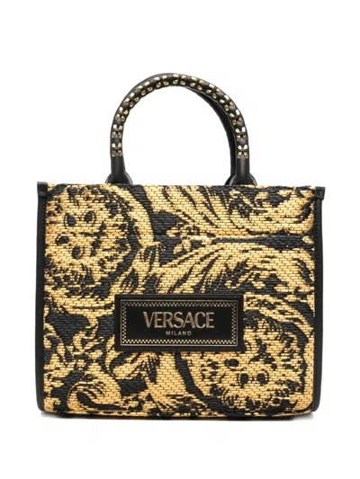Pre-owned Versace Small Barocco Athena Raffia Tote Bag In Gold