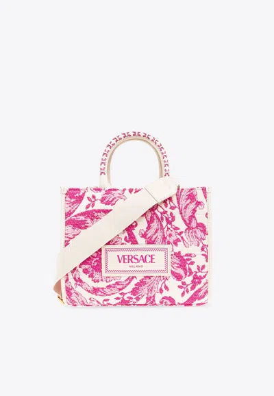 Versace Small Barocco Athena Raffia Tote Bag In Pink