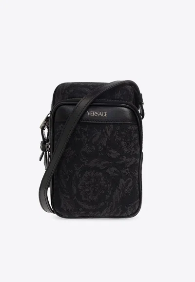 Versace Small Barocco Print Messenger Bag In Black