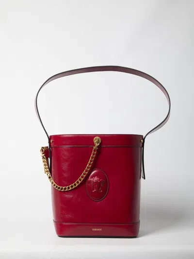 Versace Small Bucket Calf Leather Bag In Red