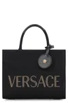 Versace Studded Logo Canvas Tote Bag In Black