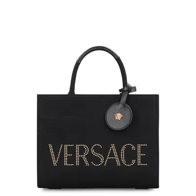 Versace Small Canvas Tote Bag In Black