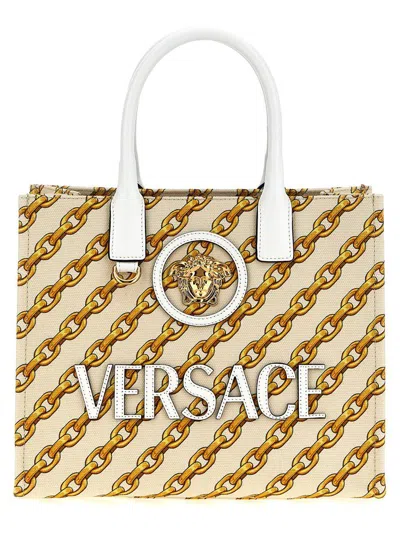 Versace Beige Chain Stripes La Medusa Small Tote In Multicolor