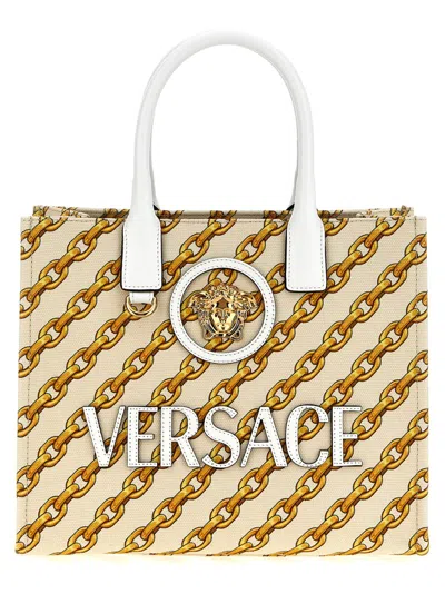 Versace Small 'chain Stripes La Medusa' Shopping Bag In Neutral