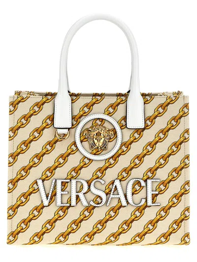 VERSACE VERSACE SMALL 'CHAIN STRIPES LA MEDUSA' SHOPPING BAG