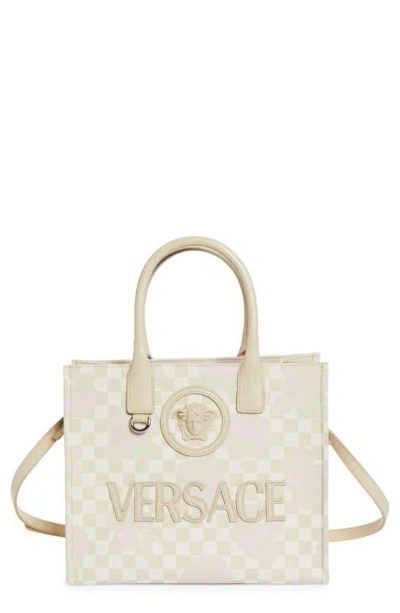 Versace Small Check Jacquard & Leather Tote In Light Sand