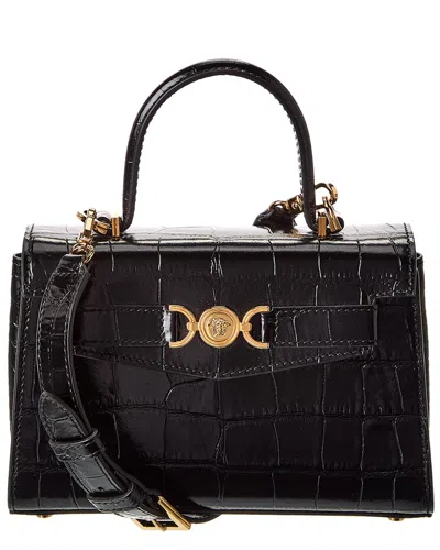 Versace Small Croc-embossed Leather Top Handle Satchel In Black