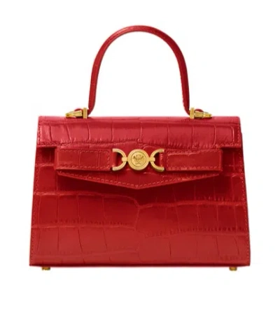 Versace Small Crocodile-embossed Top-handle Bag In Red