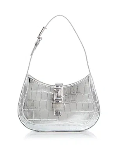 Versace Small Greca Goddess Croc Embossed Leather Hobo In Neutral