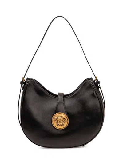 Versace Small Hobo Handbag In Lamb Leather In Black/gold