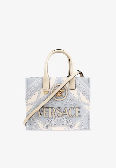 Versace Small La Coupe Des Dieux Medusa Tote Bag In Light Blue