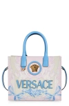 Versace Small La Medusa Cameo Canvas Tote In Powder Blue Multi Gold