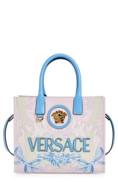 Versace Small La Medusa Cameo Canvas Tote In Powder Blue Multi Gold