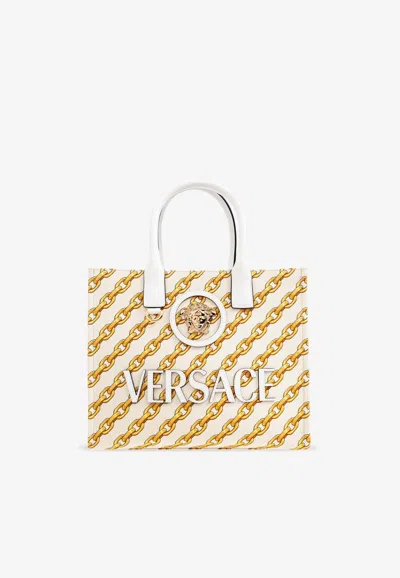 Versace Small La Medusa Chain Stripes Tote Bag In White