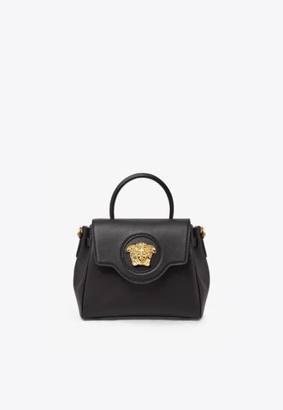 Versace Small La Medusa Leather Top Handle Bag In Black